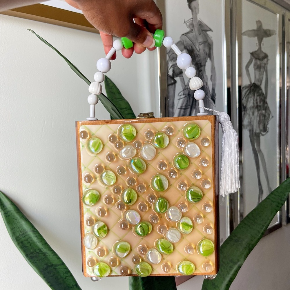 Custom made cigar box purse designed with lime green marbles